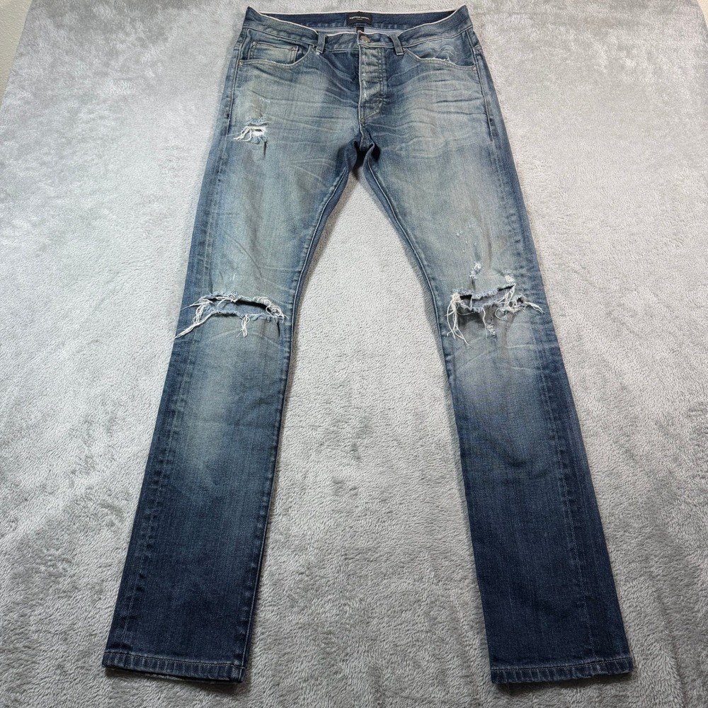 Earnest Sewn Bryant Jeans Mens 30 Blue Distressed Selvedge Slim Denim Button Fly